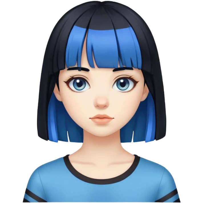 Pale girl, black hair with bangs, and two strips of blue hair emoji