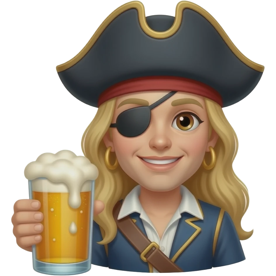 Pirata rubio, ojos cafés, parche en el ojo, gorro garfio con cerveza emoji