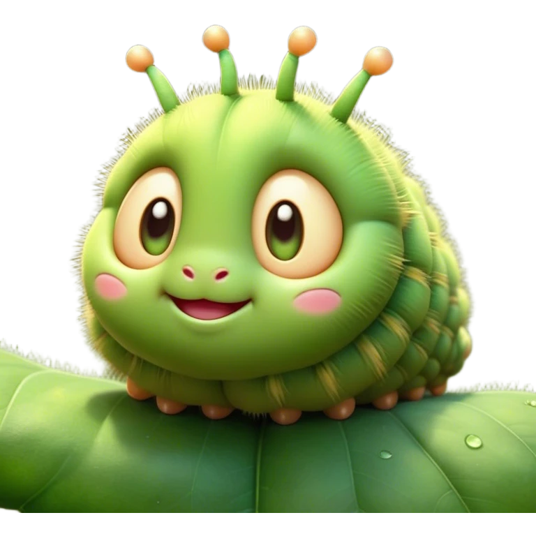 Cinematic Cute Caterpillar Portrait Emoji, Head tilted playfully and inquisitively, featuring a small, fuzzy body with rounded, plump segments, soft, endearing eyes and a charmingly wiggly movement, Simplified yet irresistibly adorable features, highly detailed, glowing with a warm, inviting green glow, high shine, affectionate and lively, stylized with a touch of whimsical woodland charm, soft glowing outline, capturing the essence of a mischievous caterpillar that seems as if it could crawl out of the screen into your arms! emoji