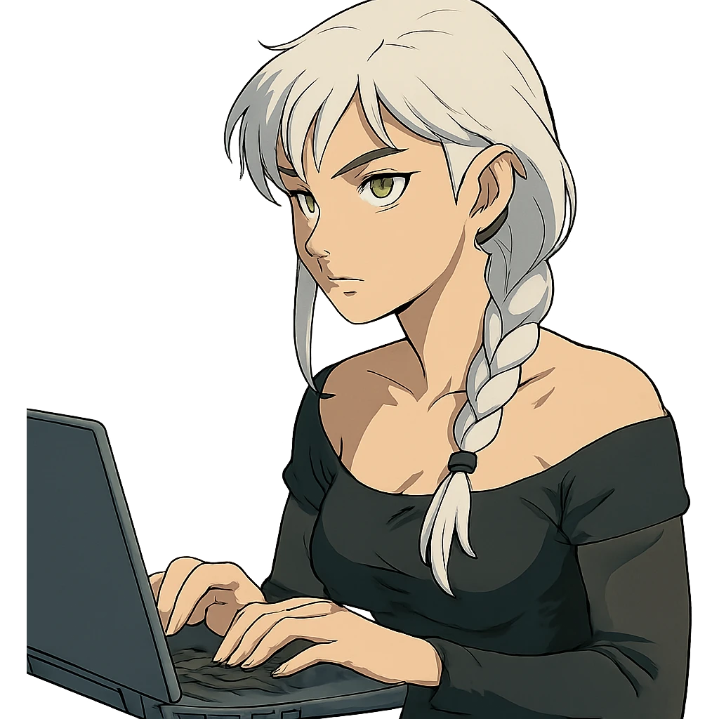  she is sitting at a laptop typing, a closeup portrait of young woman with gold yellow eyes, white hair, long braid, black off-shoulder top d-cup, punk gothic style, futuristic cyberwave cyberpunk, sitting position
 emoji