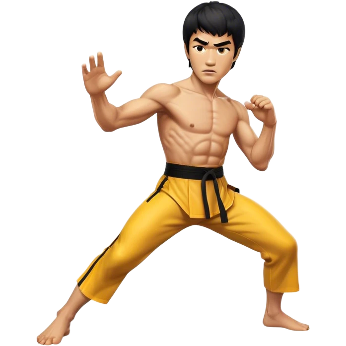 Cinematic Realistic Bruce Lee Portrait Emoji, depicted as a dynamic martial arts icon with an intense gaze and athletic physique caught in a fluid motion, rendered with vivid textures and energetic lighting that embodies his legendary prowess. emoji