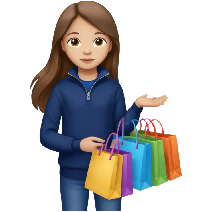 A little girl (he usually calls her baby), who is obsessed with shopping and luxury brands and holds a dozen of bags, she wears navy blue half zip sweater and holds 10 bags and she has long brown hair  emoji