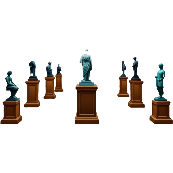 An icon featuring an elegant art gallery with classic paintings hanging on the walls, and sculptures displayed on pedestals. Visitors admire the exhibits, capturing the essence of culture, history, and art. Set against a transparent background. emoji