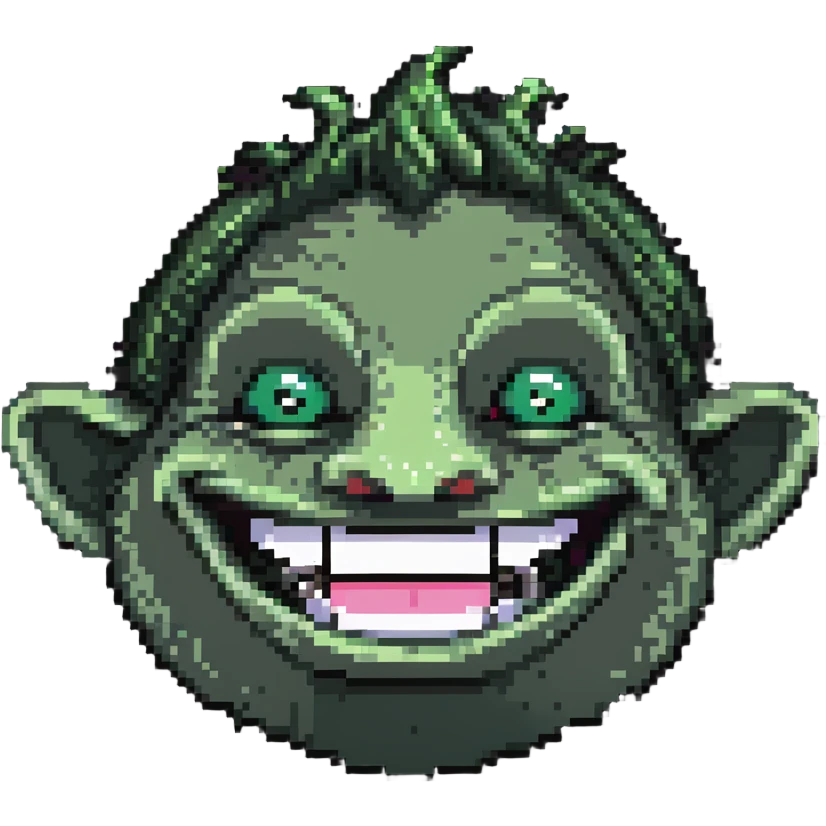Pixelated troll face meme with signature grin, YouTube style emoji