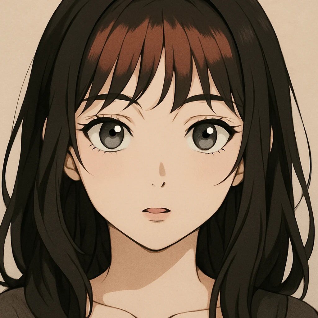 anime brunette woman with grey eyes and salmon red bangs, close-up portrait, expressive eyes, soft shading emoji