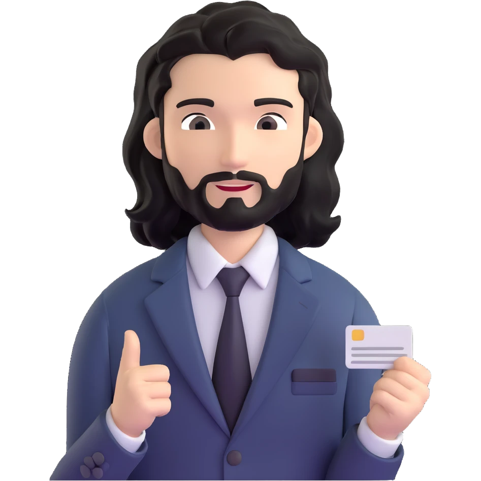 Business strategist with black wavy hair, stubble, chiseled face, wearing blazer and button-up shirt, engaged in conversation at a networking event, holding business card, surrounded by other professionals, social business setting emoji