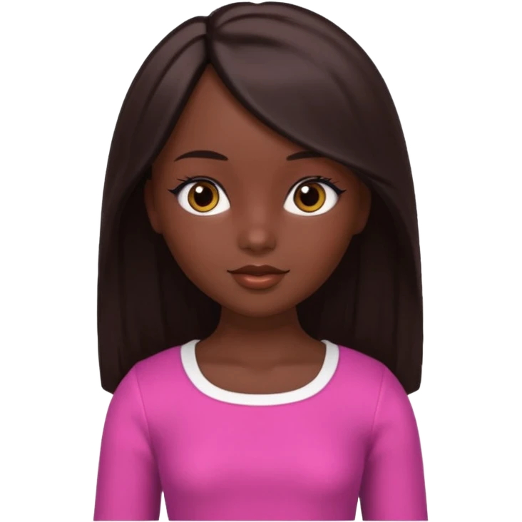 Boneca digital em estilo 3D realista e fofo, semelhante a uma boneca colecionável. Mulher jovem com pele negra, olhos castanhos escuros, cabelo liso cor chocolate, longo e bem alinhado.  emoji