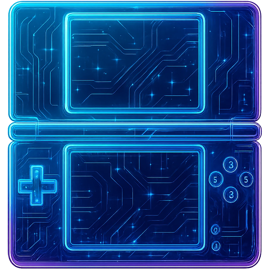Create a Nintendo DS icon in a cyberpunk, holographic style with glowing neon blue and pink edges, circuit patterns throughout the entire device, and a transparent background. The design should clearly show the dual screens and controls, with neon and circuit effects in a futuristic, clean style consistent with previous cyberpunk icons. The whole icon should have a consistent cyberpunk glow and intricate circuit details. emoji