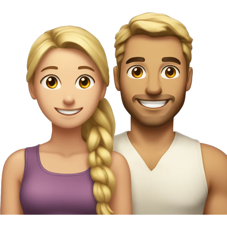 Woman and man smiling, woman has straight brown hair in a ponytail, slightly sunkissed skin, man has blonde long hair which are in a ponytail, slightly sunkissed skin emoji