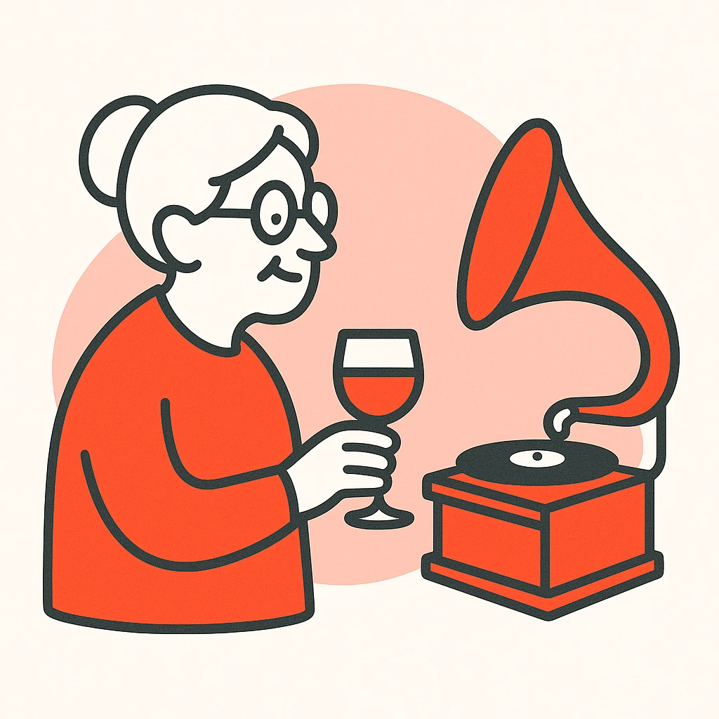 old lady with wineglass listening to gramophone emoji