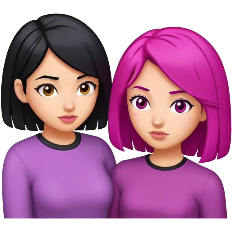 two medium skin girls bumping head one black hair one magenta hair emoji