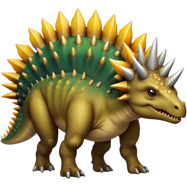 Cinematic Noble Stegosaurus Portrait Emoji, Poised and dignified, with a sturdy, low-slung body adorned by a distinctive row of bony plates along its back and a spiked tail, a small, determined head with observant eyes, Simplified yet sharply defined features, highly detailed, glowing with a soft, earthy radiance, high shine, intelligent and resolute, stylized with an air of ancient armored majesty, focused and alert, soft glowing outline, capturing the essence of a watchful and confident Stegosaurus that appears ready to lumber out of the screen with effortless authority! emoji