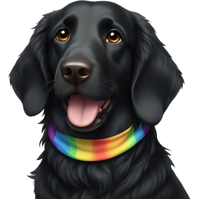 Black Flat coated retriever with small ears wearing rainbow bandana emoji