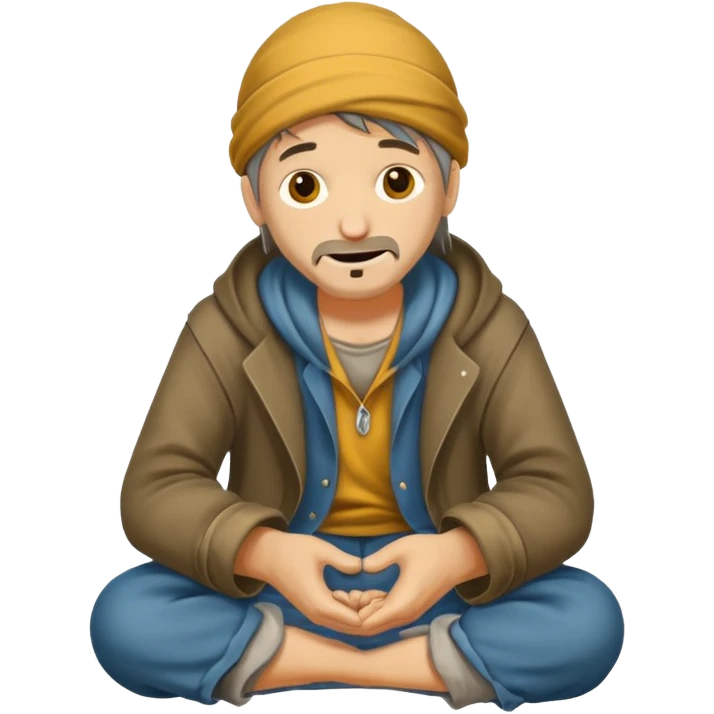beggar who is also a homeless person poor with damaged clothing but happy face emoji