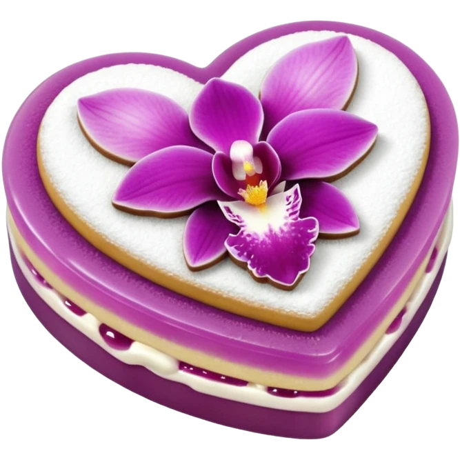 Realistic shortbread cookie in the shape of a heart with orchid color jelly middle filling and sprinkled powder sugar on top. emoji