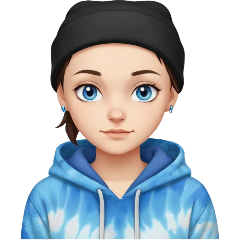 shaved haired brunette girl with a black beanie on and a tiedye hoodie. she has blue eyes and is smirking emoji