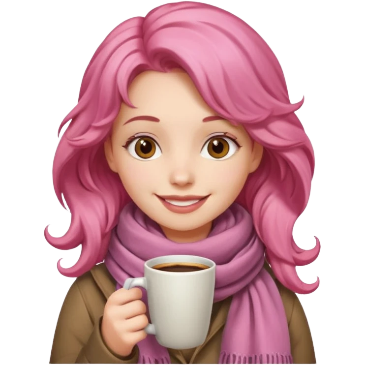 a girl with pink wavy hair, having scarf,  drink coffee, enjoy emoji