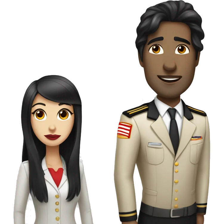 Flight attendant with long black hair, red lips and white skin with a pilot man with beige skin and black hair emoji