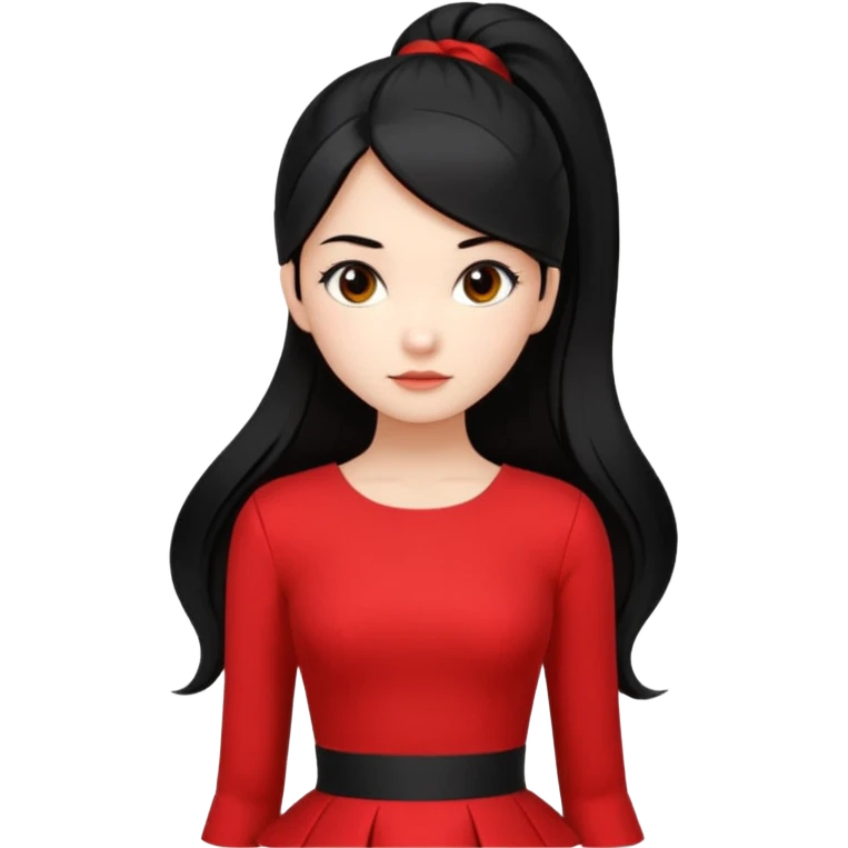Juni – Cewe Blak-blakan Kulit putih bersih, rambut hitam panjang sleek lurus, diikat half ponytail. Pakai peplum merah terang . Pose tangan di pinggang, tatapan tajam percaya diri. emoji