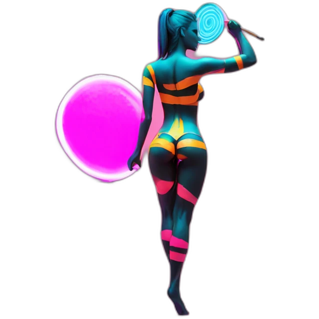 Sexy Neon sign shows fitness model figurine in striped body paint from behind picking up fine paintbrush emoji