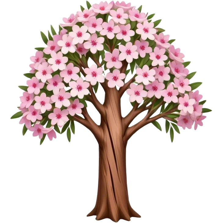 Cinematic Realistic Melaleuca Emoji, Elegant and resilient, with peeling, papery bark and delicate, needle-like leaves. The tree stands tall and graceful, with clusters of white and pink flowers dotting the branches. Soft glowing outline, capturing the essence of natural elegance and resilience in a beautiful melaleuca tree! emoji