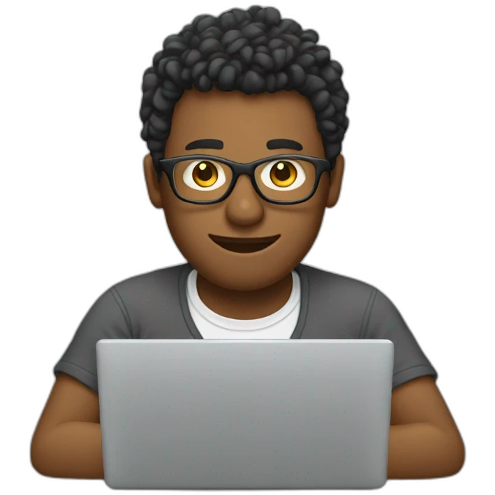 man wearing glasses working on a computer wearing a t shirt emoji
