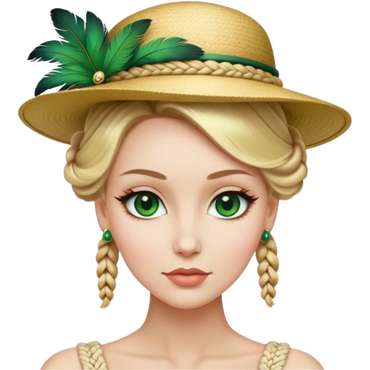 lady with Pale complexion, sharp features, high cheekbones, Blonde hair, usually styled in braided updo, green eyes accessorized with a feathered hat emoji