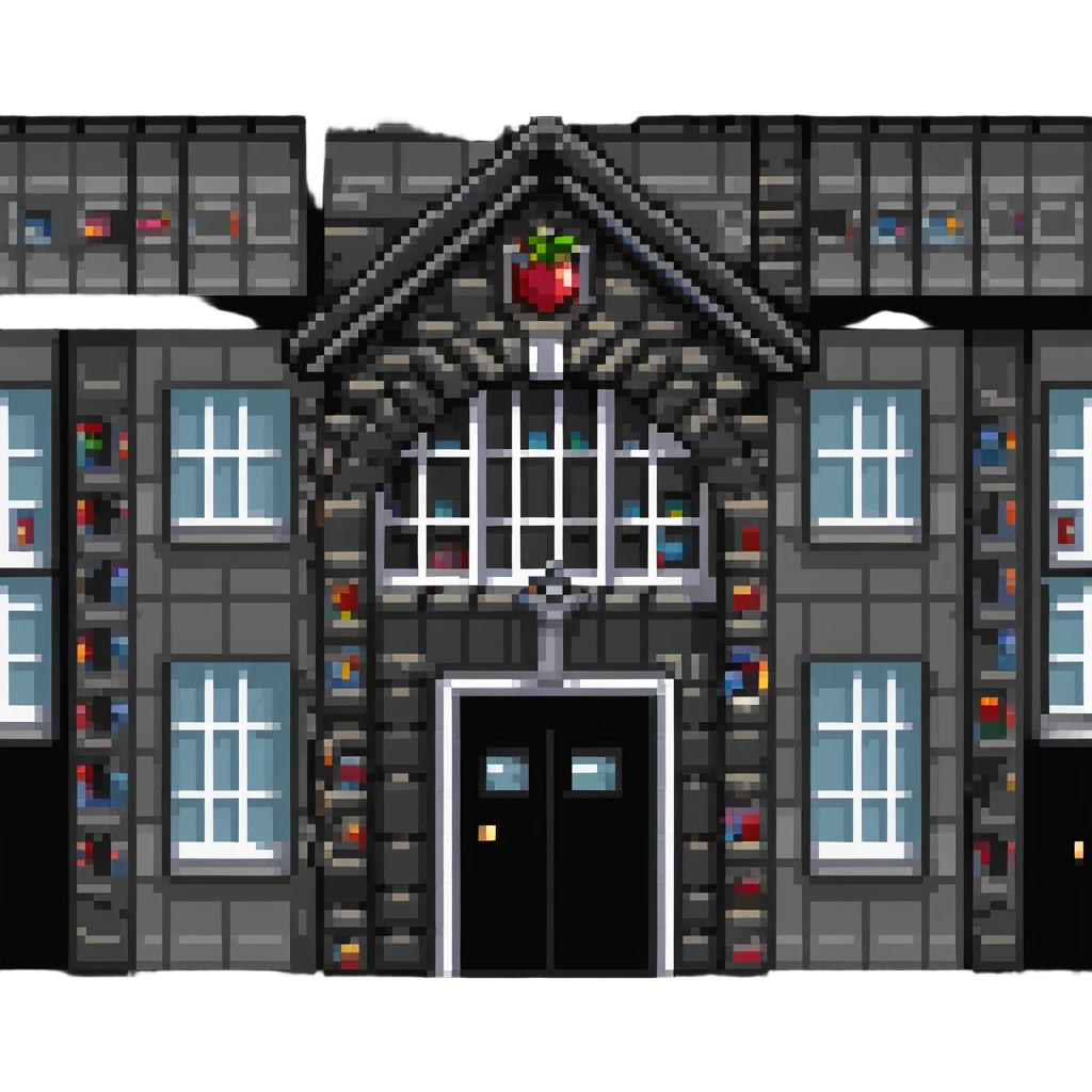school building with classroom windows and entrance door, no flag emoji