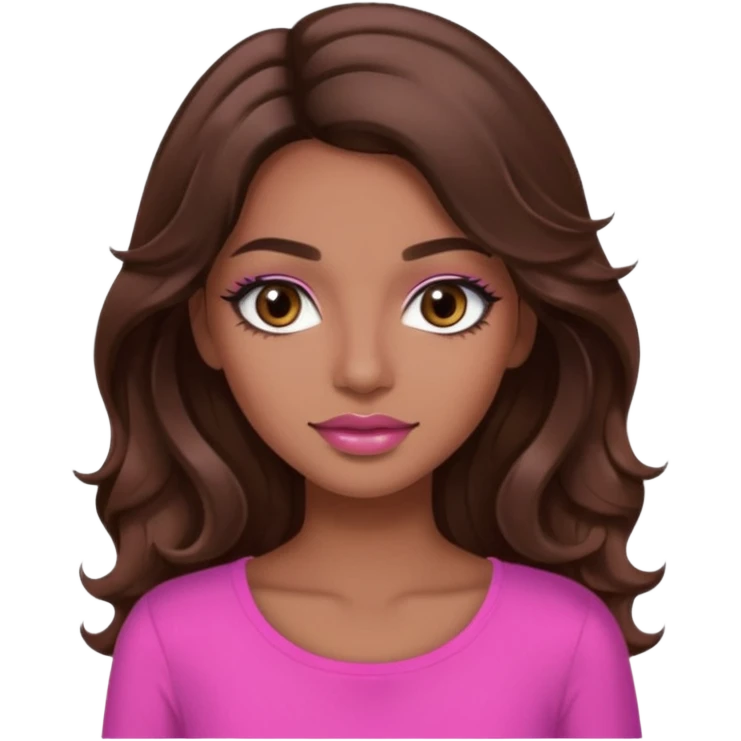 gorgeous woman, light brown skin, dark brown eyes, long wavy brown hair, pink top, clear lipgloss, mascara  emoji
