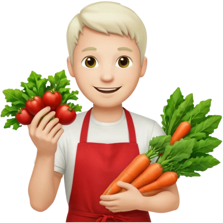 guy white t-shirt red apron smiling with vegetables emoji