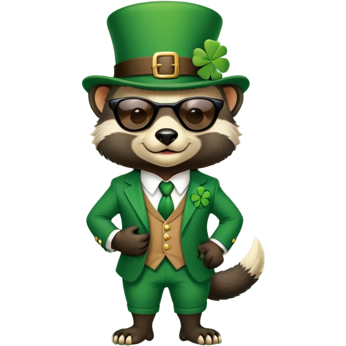 friendly anthropomorphised honey badger in a classic leprechaun suit with shamrock accessories, wearing sunglasses, St. Patrick's Day emoji