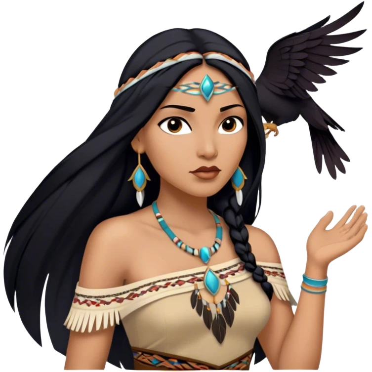 Cinematic Realistic Pocahontas Portrait, depicted with lifelike skin texture, soft natural lighting, and intricately detailed long, flowing raven-black hair that moves gracefully in the wind. Her deep, soulful dark brown eyes exude wisdom and strength, complemented by a serene yet powerful expression. She is dressed in her classic one-shoulder native american dress, with rich fabric textures and delicate beaded details that catch the light beautifully. The portrait features a soft, sun-kissed glow with a natural, radiant finish, capturing the essence of untamed beauty and deep connection to nature in a realistic and painterly style, evoking a sense of depth and authenticity. emoji