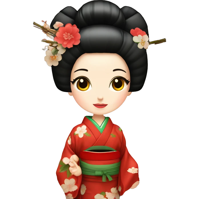 Geisha con kimono rojo y ojos verdes haciendo ceremonia del té en casa tradicional japonesa  emoji