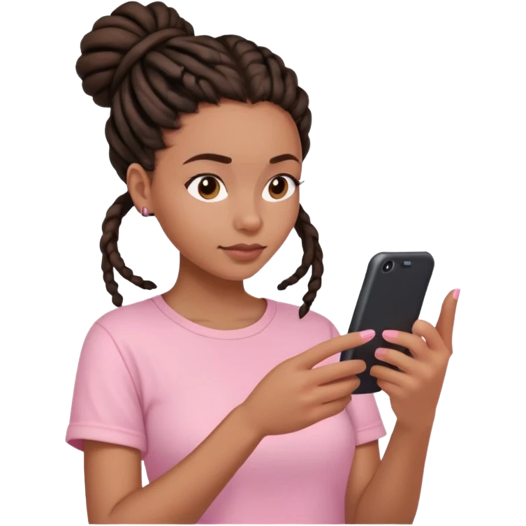 Dark brown woman with dreadlocks in bun Light pink shirt texting on pink emoji