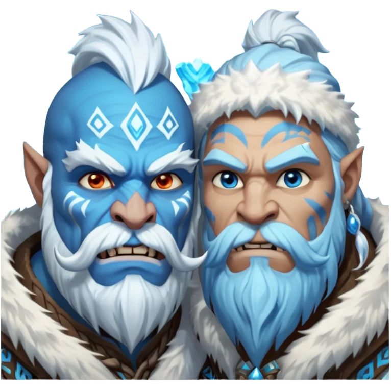 Legendary fantasy orc Christmas portrait icon, Frostfather and Snow Maiden inspired, primal winter god style, massive icy beard, glowing blue eyes, heavy fur coat, tribal frost runes, powerful brutal presence, blizzard atmosphere, clean stylized emoji icon, male/female variant
 emoji