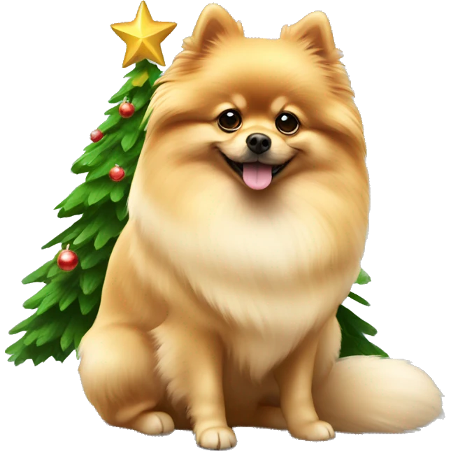 Pomeranian dog under Christmas tree  emoji