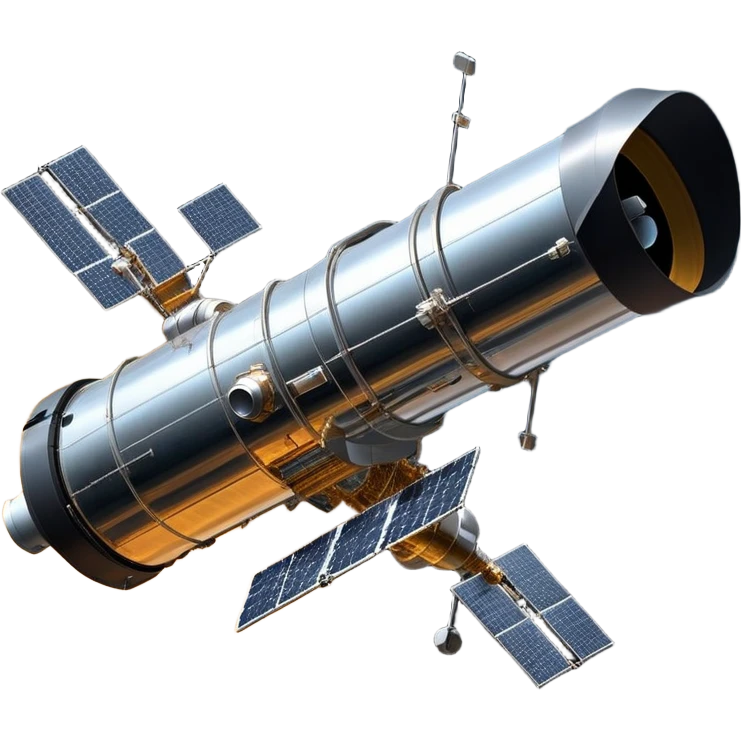 cinematic-realistic-hubble-space-telescope-emoji, an awe-inspiring, ultra-detailed depiction of the Hubble Space Telescope floating in space, its large, reflective metallic surface gleaming against the backdrop of the infinite blackness. The telescope's vast solar panels extend outwards, catching the light from distant stars, while its intricate, cylindrical body showcases advanced, precise engineering. The telescope's large, hexagonal lens is pointed towards the cosmos, surrounded by mechanical components, wires, and sensors. The detailed textures of the telescope’s metallic exterior, the shiny reflective coating, and the intricate grid-like solar panels are sharply contrasted against the void of space, with distant stars and nebulae faintly visible in the background, adding to the sense of scale and te emoji