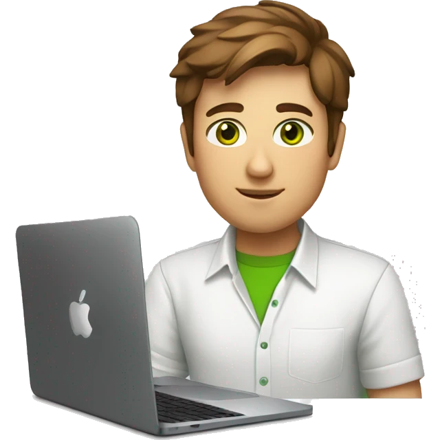 Brown short haired, green eyes, white shirt, developer with macbook emoji