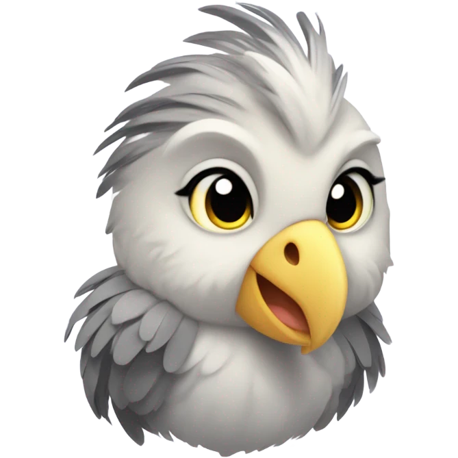 A cartoon-style cockatiel emoji with gray feathers and a touch of yellow on its head and crest, designed as a sweet and gentle girl. The cockatiel is softly smiling, radiating a tender and lovable expression. emoji