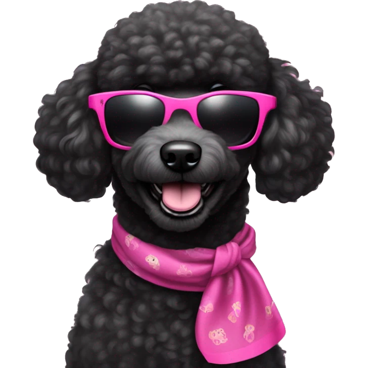 BLACK poodle wearing pink sunglasses with a big smile. Also with a bandanna around its neck. Dog needs to be all black emoji