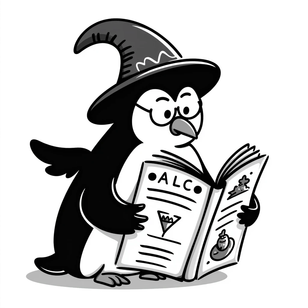 A whimsical penguin wizard studying a magical spellbook emoji