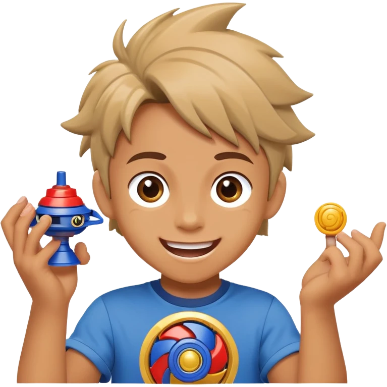 excited child holding a beyblade spinning top toy, happy face emoji
