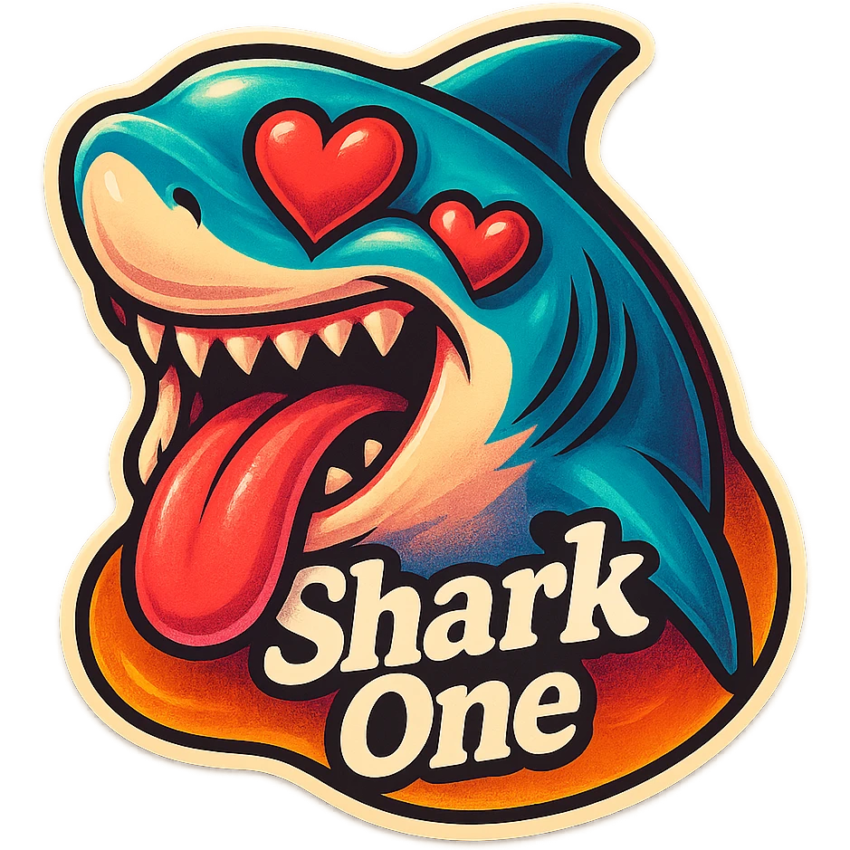 mouth open with tongue out
heart shaped eye
add the words “ Shark One " in White emoji