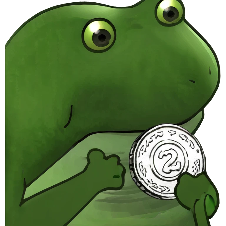 bufo frog (pepe) with a single coin in hand emoji