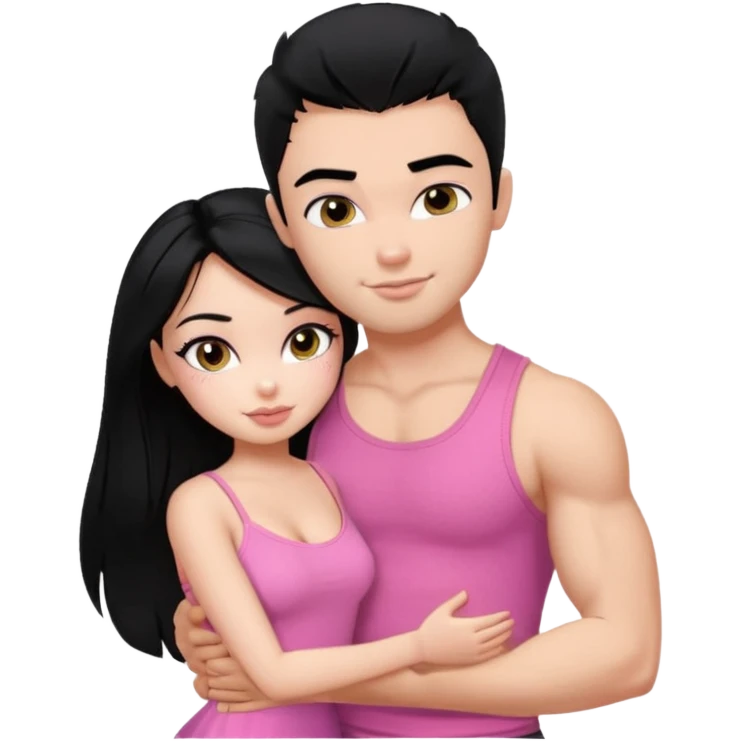 a pretty bratz fair girl. black hair, wearing a pink cami top, she is hugging a handsome fair guy with black hair. lean but muscular.the boy is wearing a black tshirt emoji