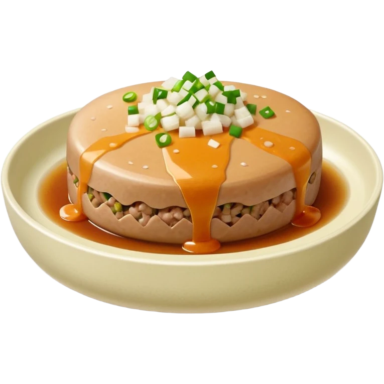 Emoji of a Chinese steamed pork patty in a small dish, topped with chopped scallions, soft texture, minimal style. emoji