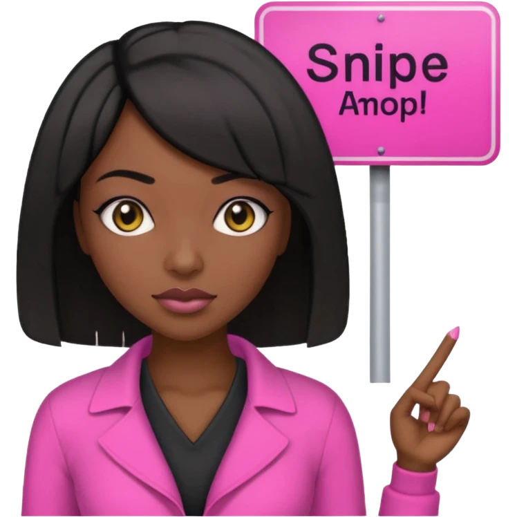Dark skin woman with black bob in hair holding sign that says snipe  wearing pink outfit  emoji