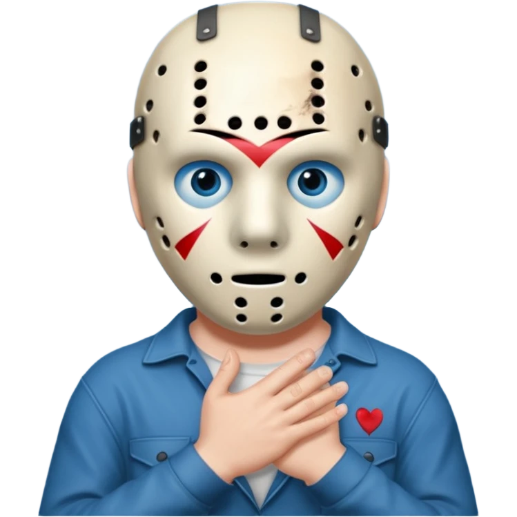 Jason Voorhees, looking cute, with his hands clasped in front of him, at a sideways angle, looks like he is in love emoji