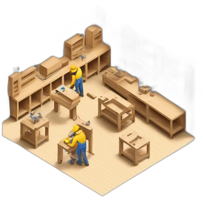 isometric square solid outline border containing indoor creative workshop handmade woodworking factory people actively working cnc machine tools simple clean industrial brutalist emoji