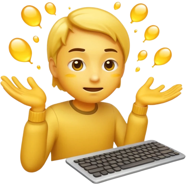 A classic yellow emoji face, extremely focused, furrowed brows, typing nonstop on an invisible keyboard, sweat drops flying, motion lines around hands, simple clean emoji style emoji